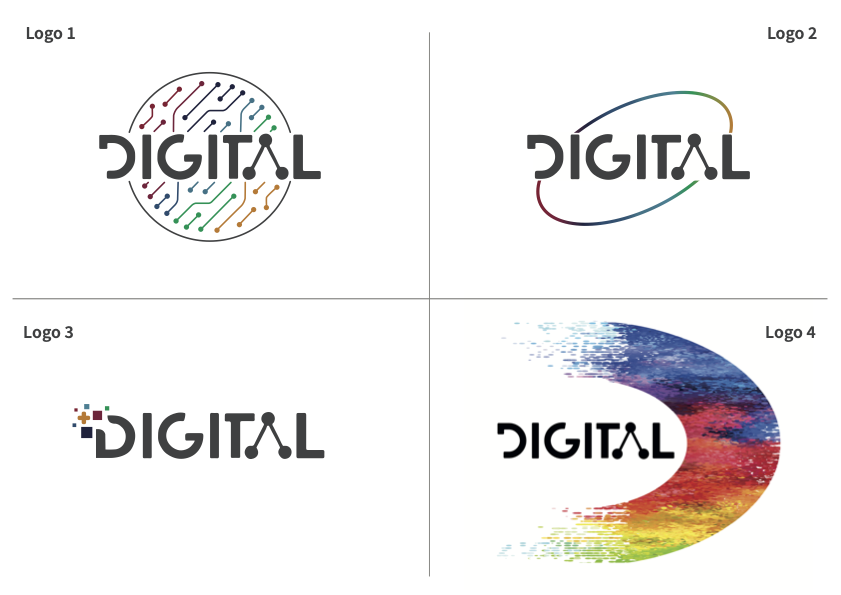 Four logo options, each containing the word DIGITAL with differently coloured elements.